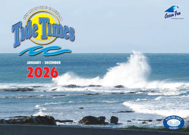 Cover of the New Zealand Tide Times Calendar 2026 — waves breaking on the Kaikōura coast